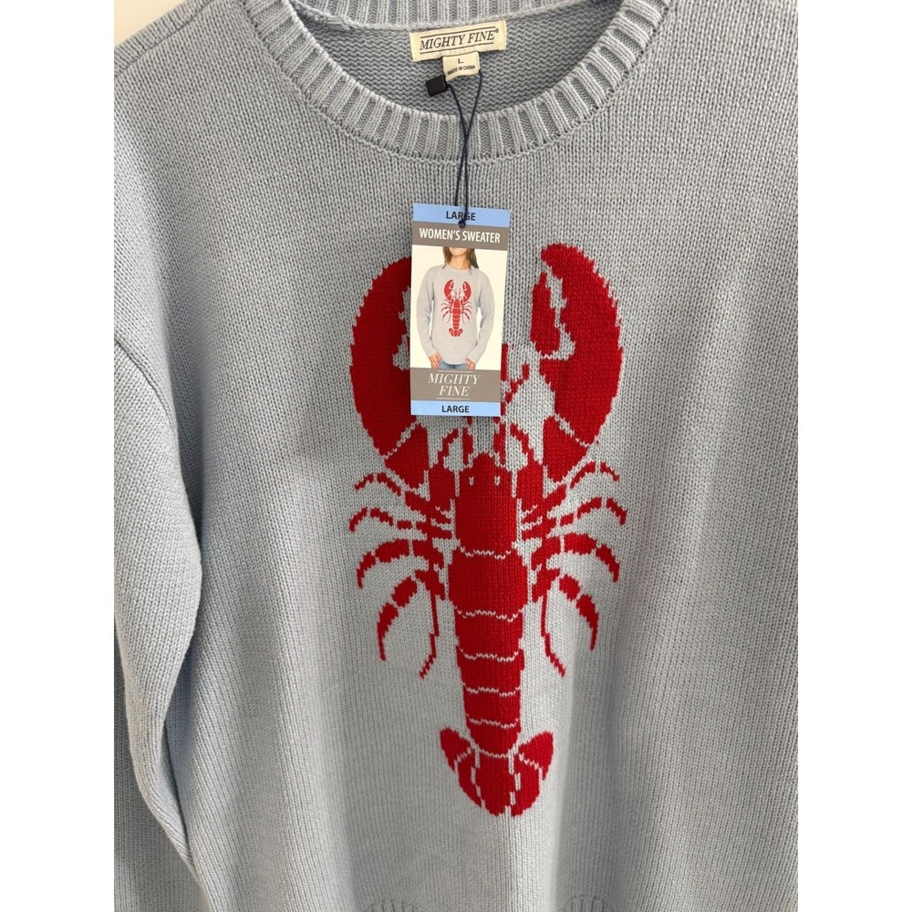 Mighty Fine Women Blue Red Lobster Graphic Knit Crewneck Sweater Large NWT - Picture 2 of 4